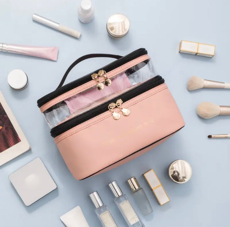 Women Double Layer Cosmetic Bag, Leather Makeup Organizer Bag, Large Capacity Cosmetic Travel Bag Women Double Layer Cosmetic Bag, Leather Makeup Organizer Bag, Large Capacity Cosmetic Travel Bag